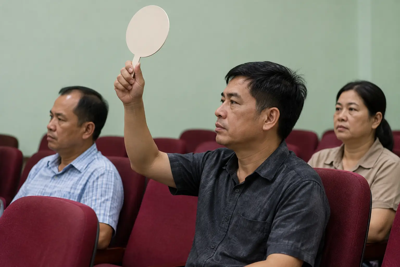 Một người đàn ông ngồi trong hội trường giơ bảng trống, hai người khác ngồi bên cạnh theo dõi.