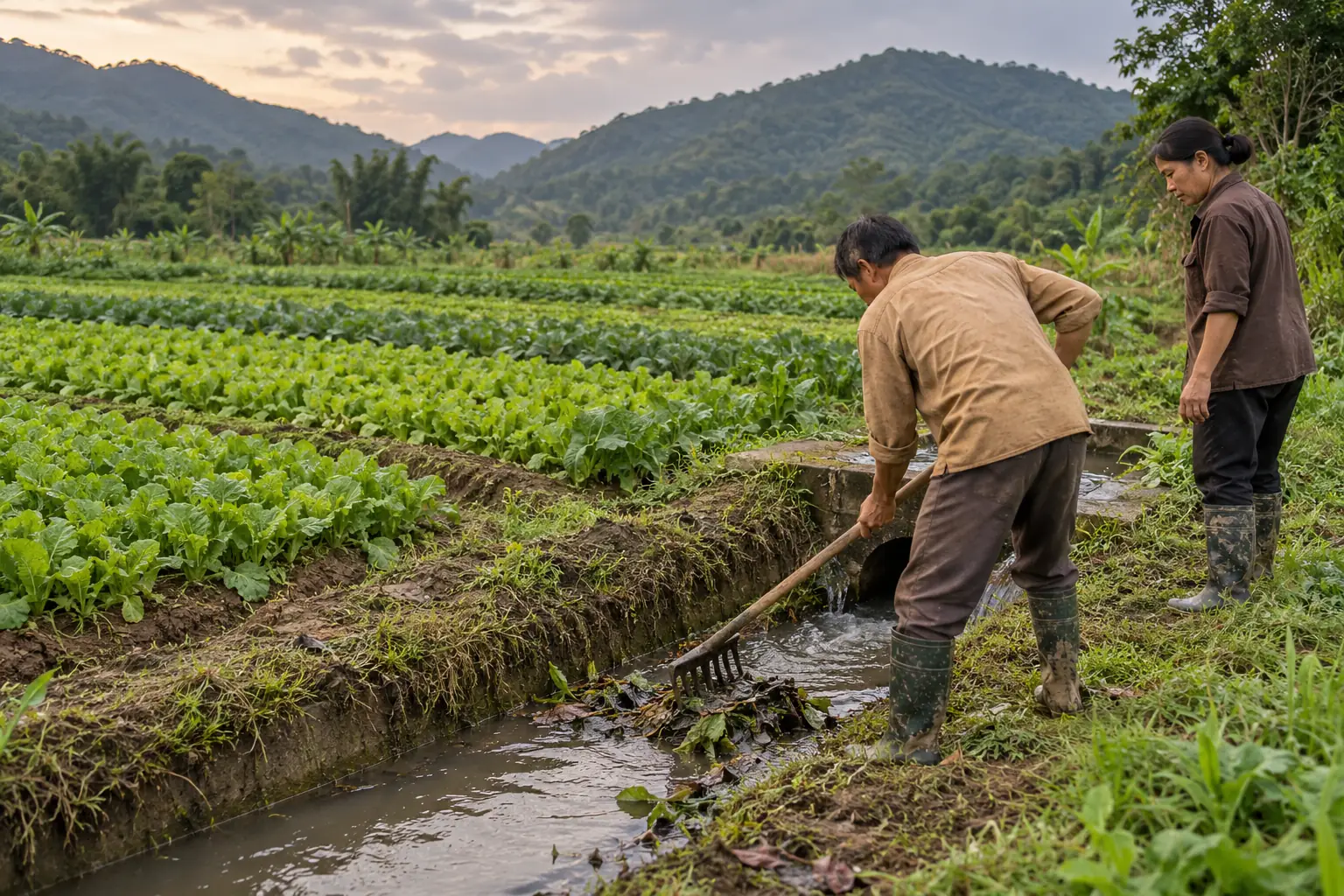 Hai người bên mương thoát nước cạnh ruộng rau, một người dùng cào gom lá cây, phía xa là đồi xanh.