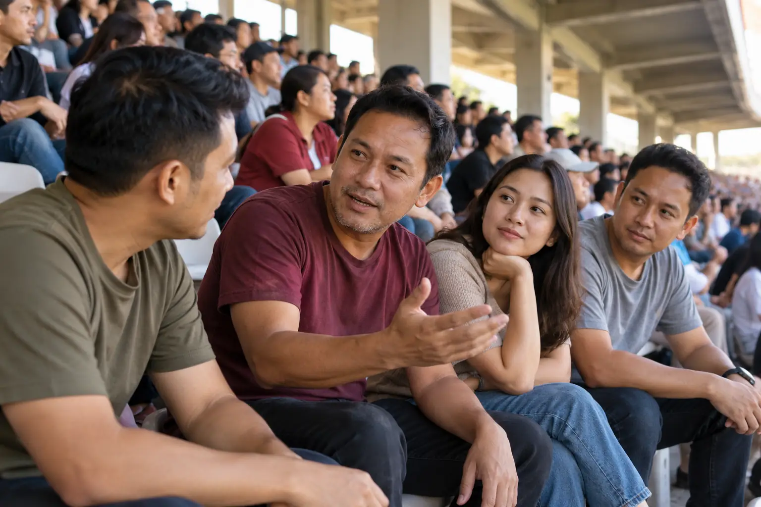 Ảnh minh họa AI: bốn khán giả ngồi trò chuyện trên khán đài đông người, một người đàn ông đưa tay diễn giải trong khi những người bên cạnh lắng nghe.