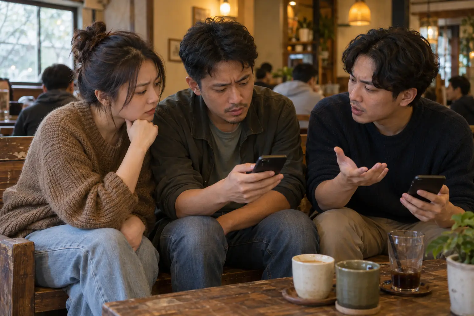 Ba người ngồi trong quán cà phê, cùng xem hai điện thoại và trao đổi với vẻ băn khoăn.
