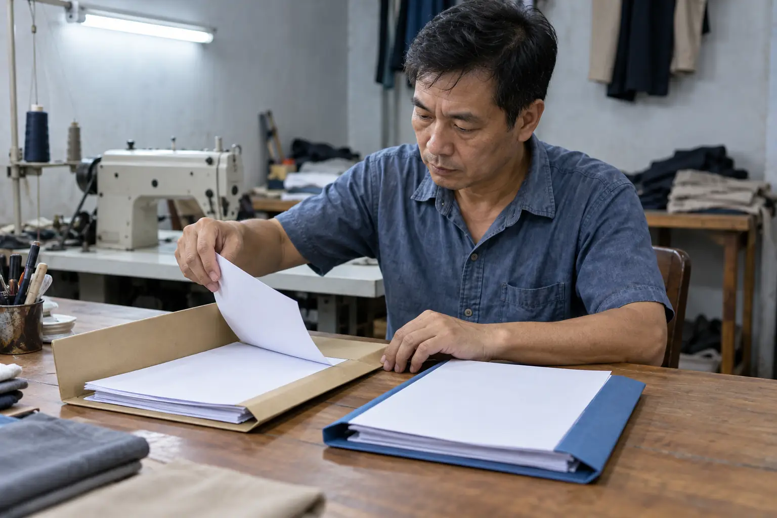Ảnh AI minh họa một người đàn ông phân loại giấy tờ vào hai bìa hồ sơ tại bàn làm việc trong xưởng may.