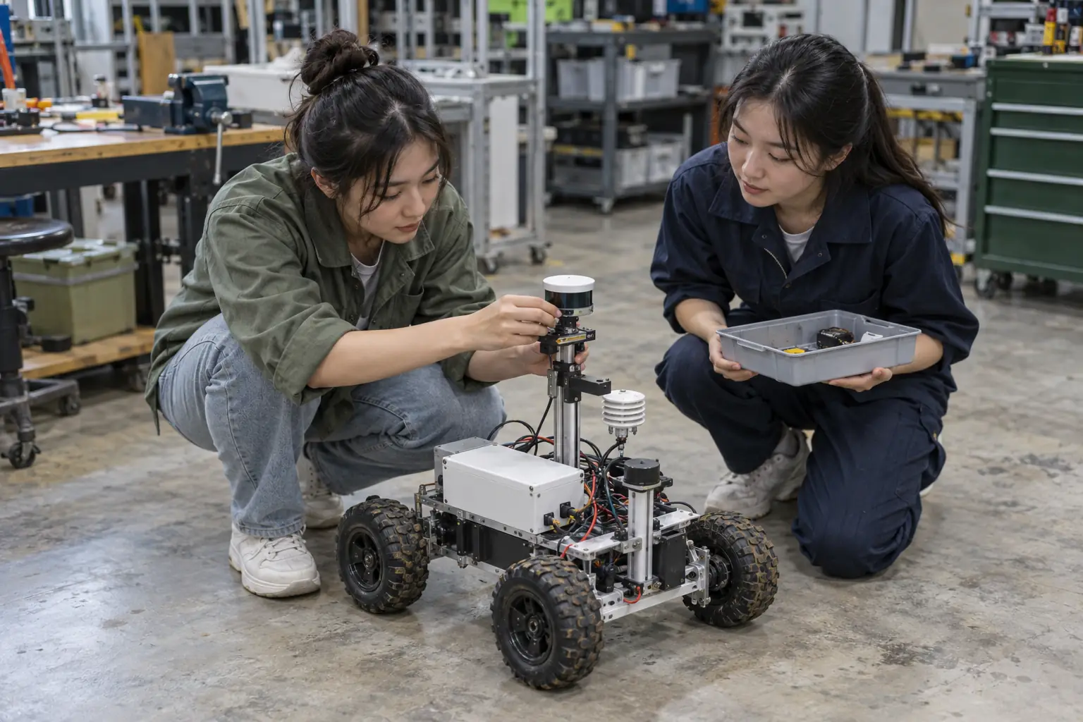 Hai phụ nữ trẻ cùng kiểm tra mô hình xe gắn cảm biến trong xưởng kỹ thuật, một người điều chỉnh thiết bị và người còn lại cầm khay linh kiện.