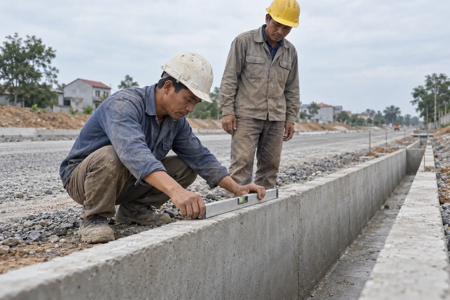 Ảnh minh họa AI: Hai công nhân đội mũ bảo hộ kiểm tra rãnh thoát nước bê tông tại công trường đường, một người ngồi xổm đặt thước thủy trên thành rãnh.