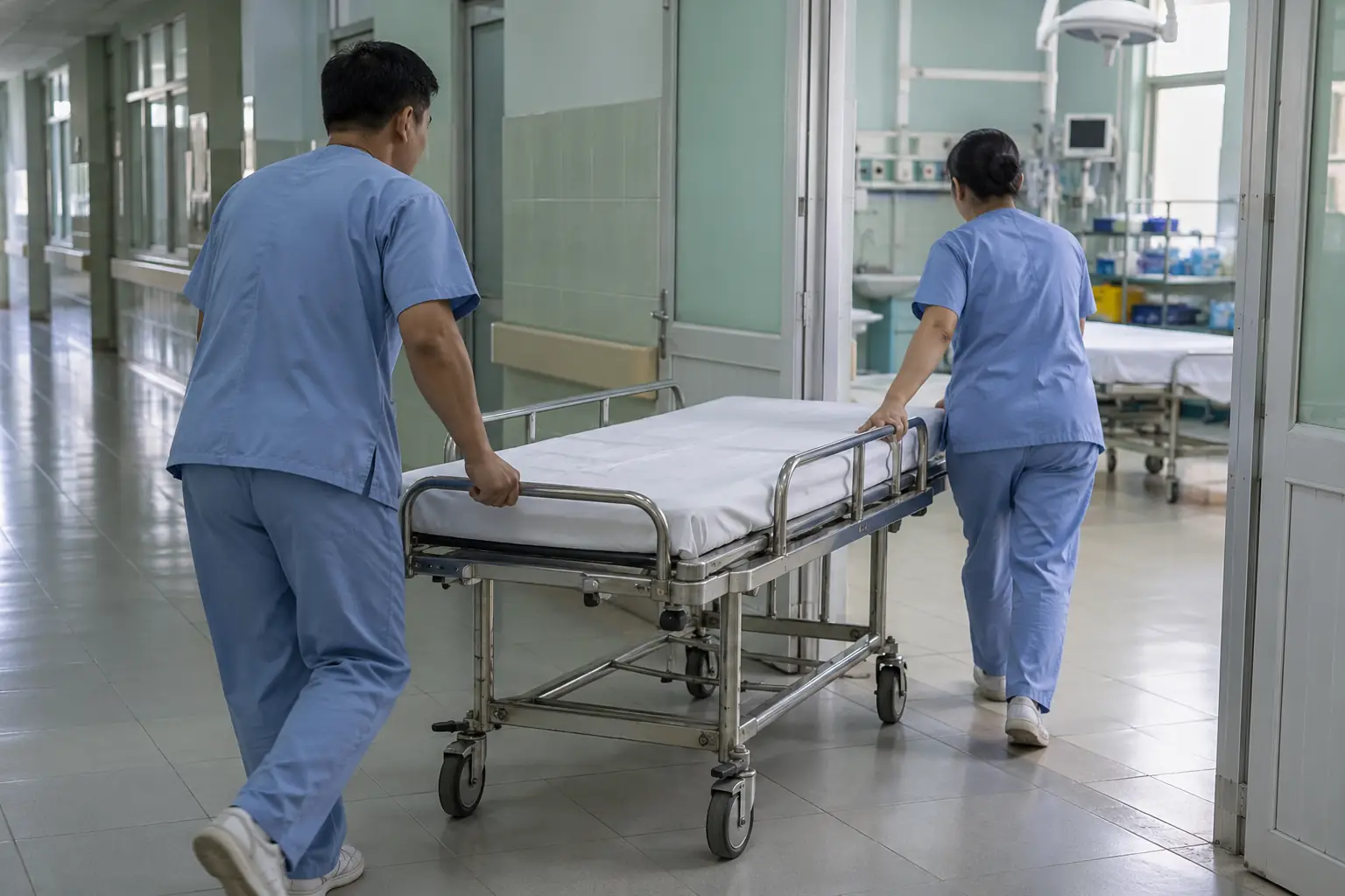 Hai nhân viên y tế mặc đồ xanh đẩy giường cáng trống qua hành lang vào phòng điều trị.