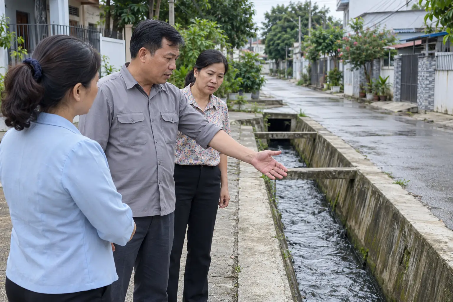 Ảnh minh họa AI: một người đàn ông trao đổi với hai phụ nữ bên mương thoát nước trong khu dân cư.