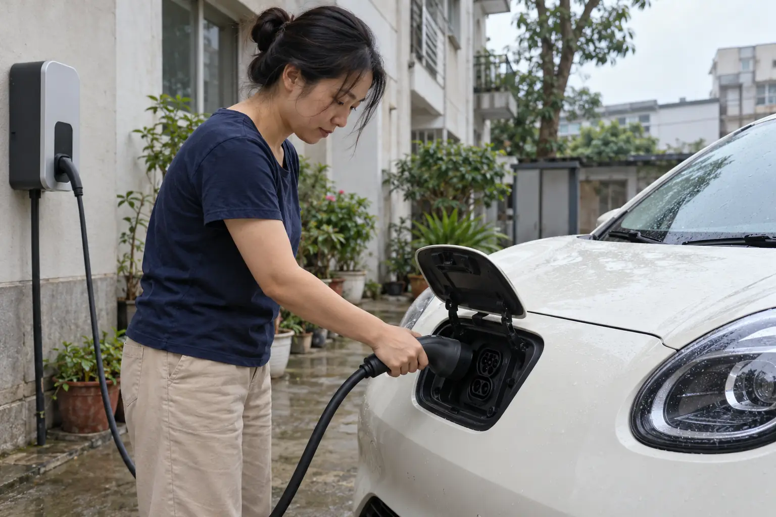 Một phụ nữ cầm đầu nối sạc cạnh cổng sạc mở ở phía trước ô tô điện màu trắng trong sân nhà.