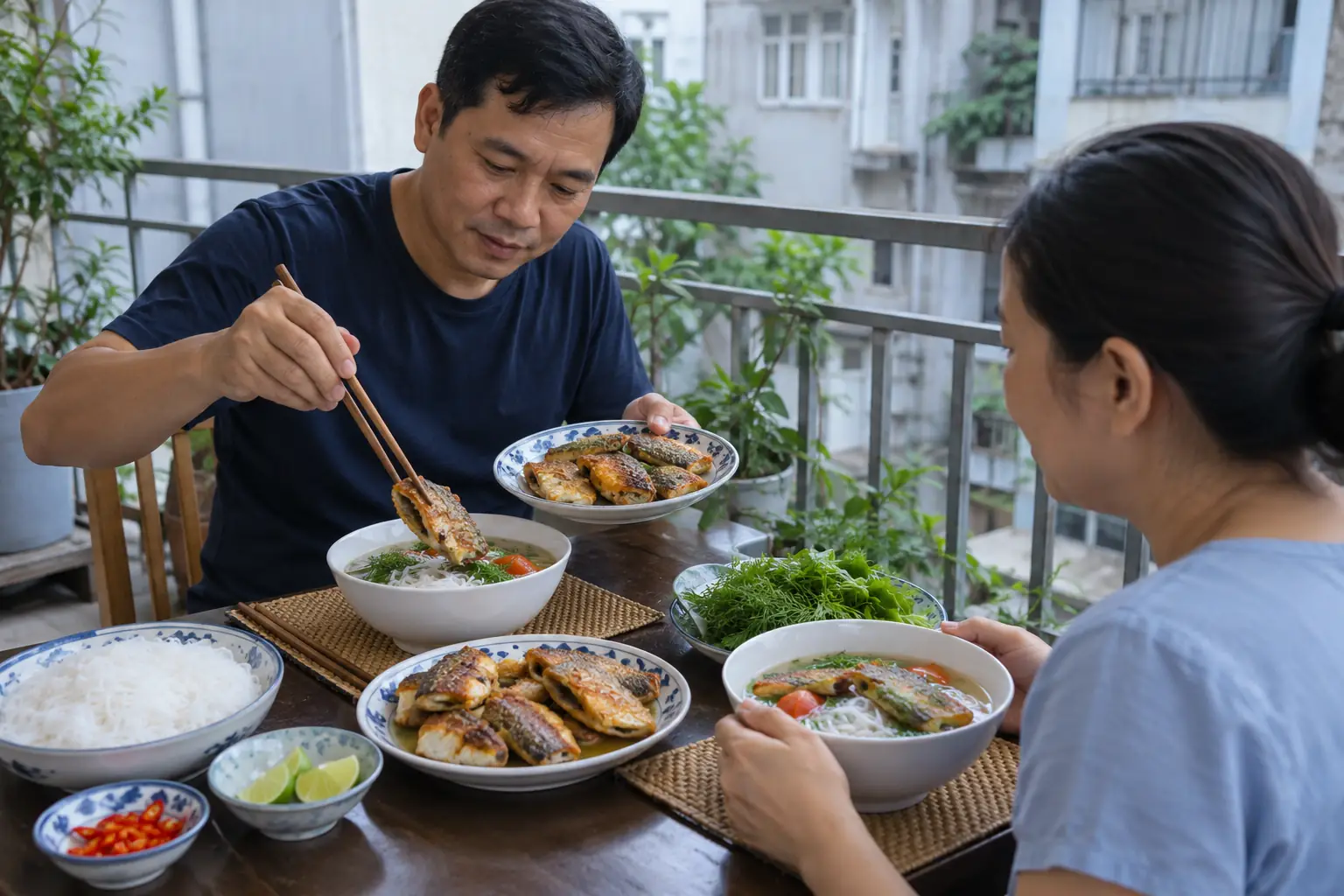 Ảnh minh họa AI: người đàn ông gắp cá chiên vào bát bún, người phụ nữ ngồi đối diện cầm bát bên bàn ăn ngoài ban công.