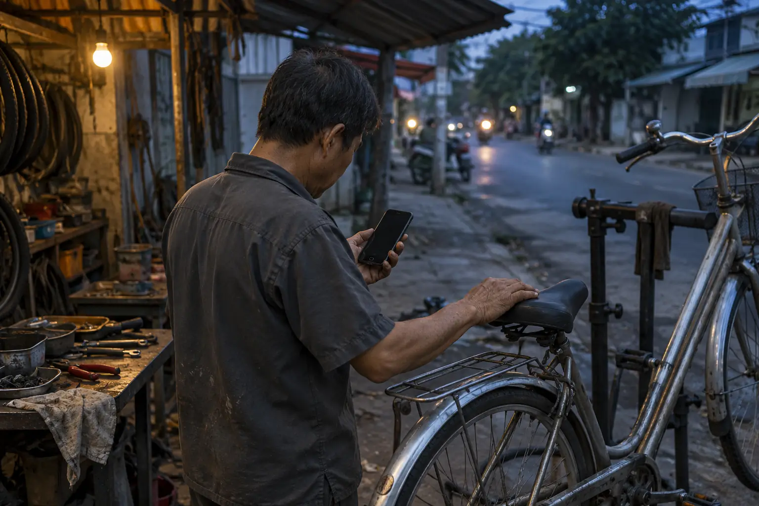 Ảnh minh họa AI: người thợ sửa xe nhìn điện thoại bên chiếc xe đạp trước cửa tiệm lúc chạng vạng.