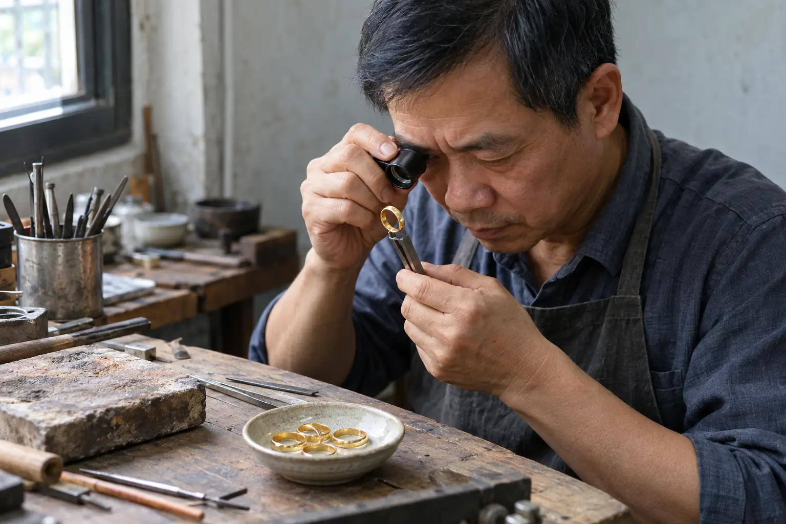 Người thợ dùng kính lúp kiểm tra nhẫn vàng trơn tại bàn làm việc có dụng cụ kim hoàn và đĩa đựng nhẫn.