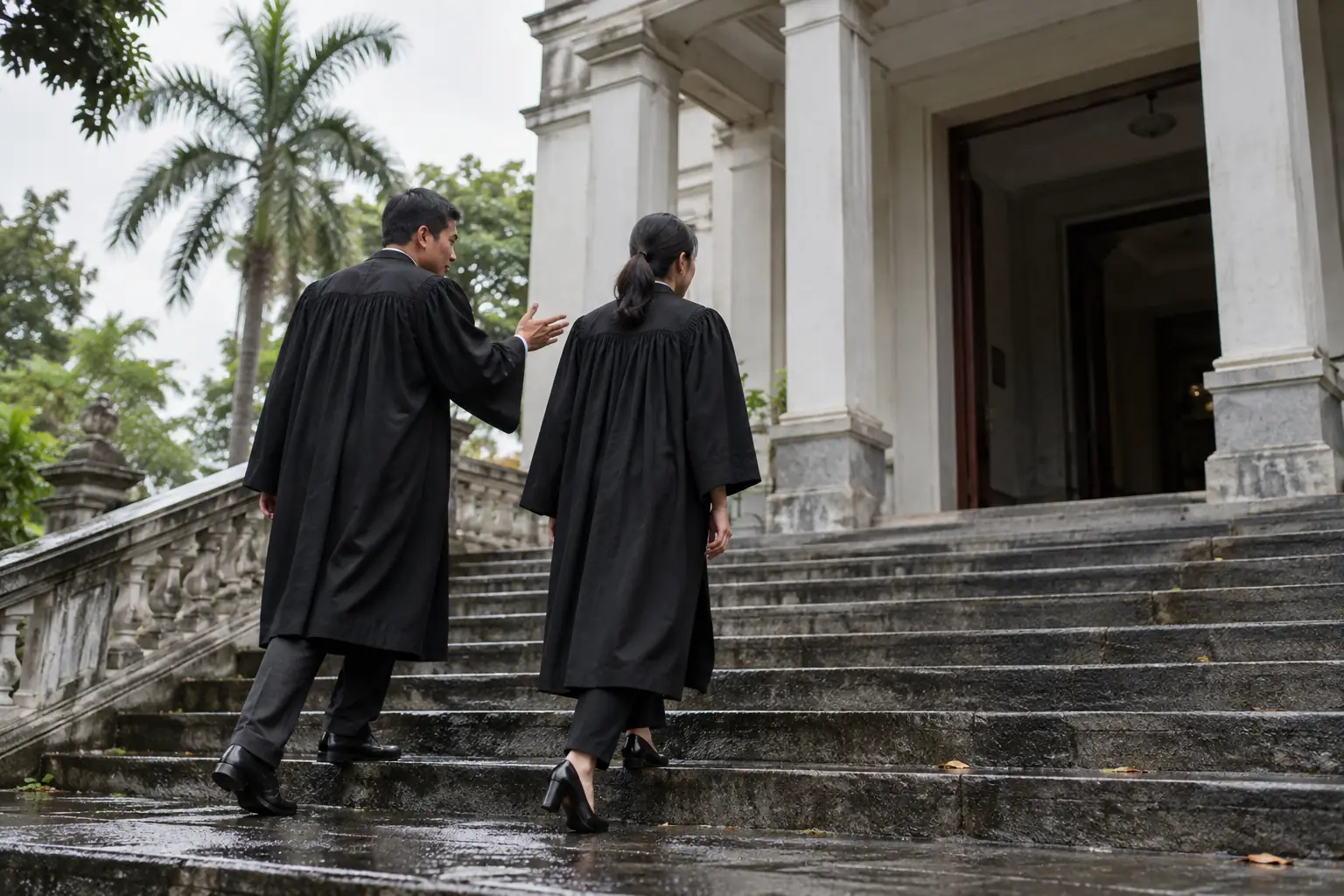 Ảnh minh họa AI: hai người mặc áo choàng pháp lý màu đen bước lên bậc thềm đá hướng tới cửa tòa nhà, nhìn từ phía sau.