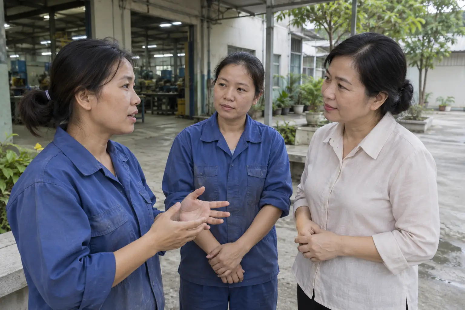 Ảnh minh họa AI: Hai phụ nữ mặc đồ công nhân màu xanh trao đổi với một phụ nữ mặc áo sáng màu tại sân có mái che cạnh nhà xưởng.